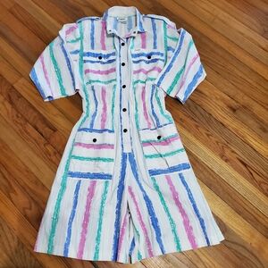 Vintage 90s Pastel Stripe Romper Cotton Button Front Retro Playsuit M